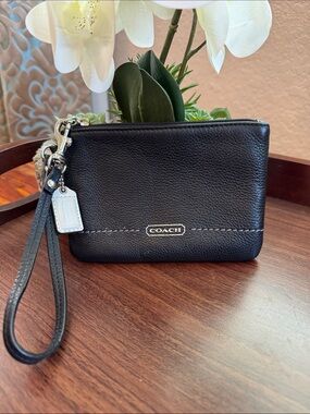Coach Black Pebbled Leather Wristlet with Silver Hardware